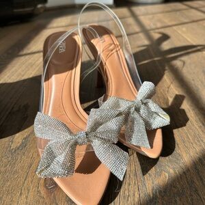 NEW Zara Crystal Bow Rhinestone Clear Strap Sandals Heels 37
